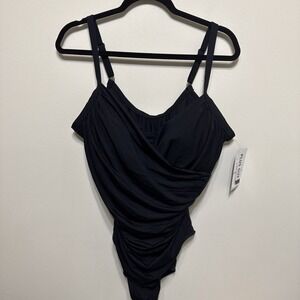 Jantzen Plus Size 22W Surplice Draped One Piece Swimsuit Black Tummy Control NWT